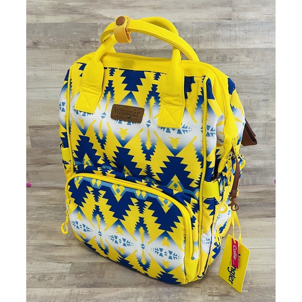 Wrangler Women's Aztex Printed Yellow Canvas Dual Sided Diaper Bag Backpack Logo